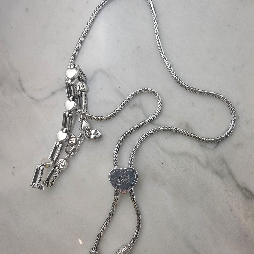 Brighton Elegant Silver Heart Bracelet and Bolo Tie Necklace